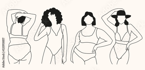A set of four female body types minimalist line illustrations with in lingerie, bikini, swimwear. Minimal and modern style illustration.Body positive concept. 