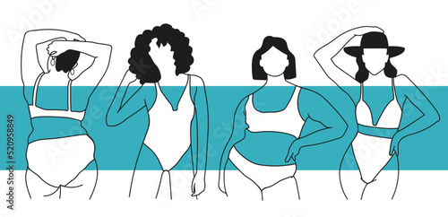 A set of four female body types minimalist line illustrations in bikini, lingerie, swimwear. Minimal and modern style.Body positive concept. 