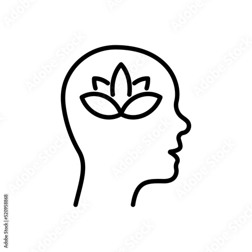 Lotus Brain Wellbeing Concept Line Icon. Wellbeing Peace, Mental Healthy Wellness Pictogram. Meditation Yoga Outline Symbol. Flower Nature Creativity. Editable Stroke. Isolated Vector Illustration