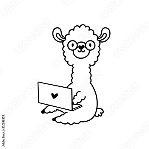 Flat vector illustration character. Cartoon lama with computer.