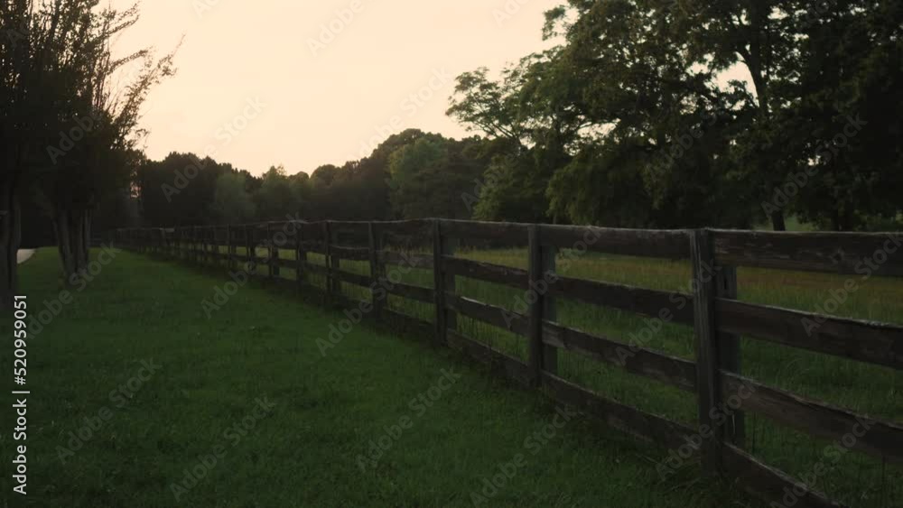 Wooden farm fence in natural green environment during sunset Wooden farm fence in natural green environment during sunset