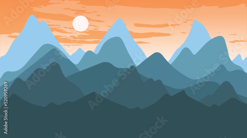 Beautiful landscape with forest  mountains  and sunset in vector format. Trendy illustration for postcards  wallpaper  banners. Panorama view of wild nature. Hand drawn enviroment.