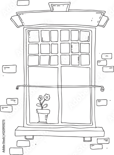 Window with a flower in pot, vector illustration. Line art, black and white style on a white background.