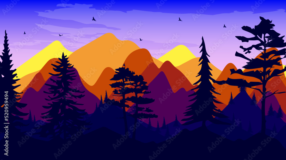 Beautiful landscape with forest, mountains, and sunset in vector format. Trendy illustration for postcards, wallpaper, banners. Panorama view of wild nature. Hand drawn enviroment. Beautiful landscape with forest, mountains, and sunset in vector format. Trendy illustration for postcards, wallpaper, banners. Panorama view of wild nature. Hand drawn enviroment.