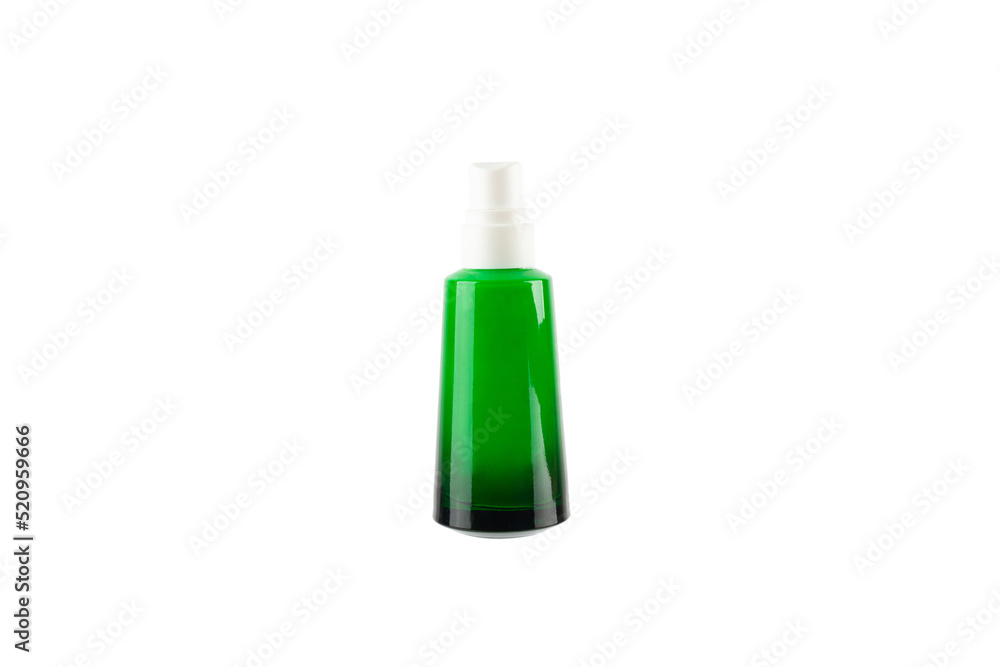 Opened green Bottle on isolated white background close up. Brand packaging mockup. Aromatic oil, skincare beauty product, cream or serum. Natural herbal cosmetics concept. Opened green Bottle on isolated white background close up. Brand packaging mockup. Aromatic oil, skincare beauty product, cream or serum. Natural herbal cosmetics concept.