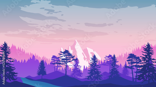 Beautiful landscape with forest, mountains, and sunset in vector format. Trendy illustration for postcards, wallpaper, banners. Panorama view of wild nature. Hand drawn enviroment.