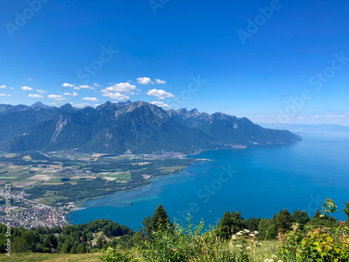 Montreux  Switzerland  01-08-2022  Panorama of the Switzerland Alpine mountains. Ridges  peaks and lake are visible in the background. Beautiful view in the French Canton.