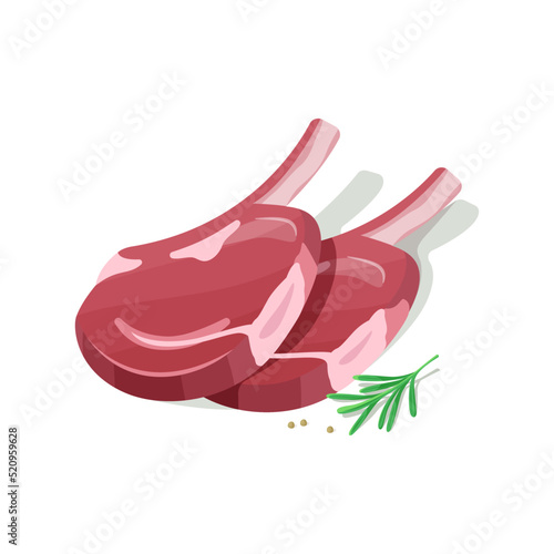 Two raw rib eye steaks with bone and fresh branch rosemary