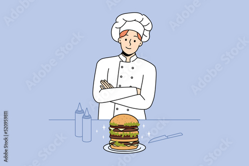 Proud male chef cook burger in bar or cafe. Smiling man in uniform preparing American style meal. Fast food at restaurant. Vector illustration. 