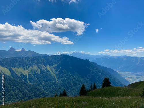 Montreux, Switzerland: 01-08-2022: Panorama of the Switzerland Alpine mountains. Ridges, peaks and lake are visible in the background. Beautiful view in the French Canton.