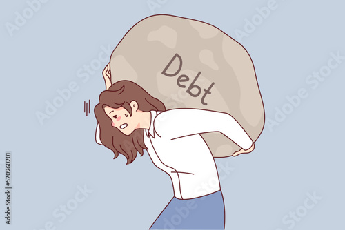 Tired woman carrying huge stone on back suffer from debt or bankruptcy. Exhausted businesswoman hold big boulder on shoulders struggle with financial problems. Vector illustration. 