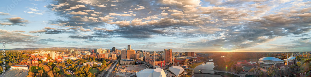 Fototapeta premium Sunset over Adelaide. South Australia. Panoramic aerial view from drone