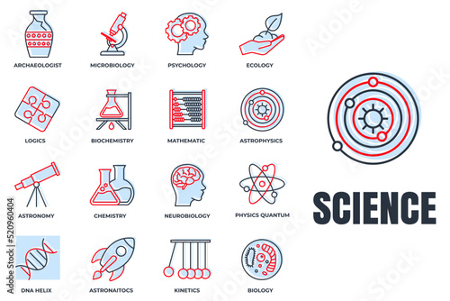 Set of Science icon logo vector illustration. biology, chemistry, Neurobiology, physics, microbiology, logics, astronomy and more pack symbol template for graphic and web design collection