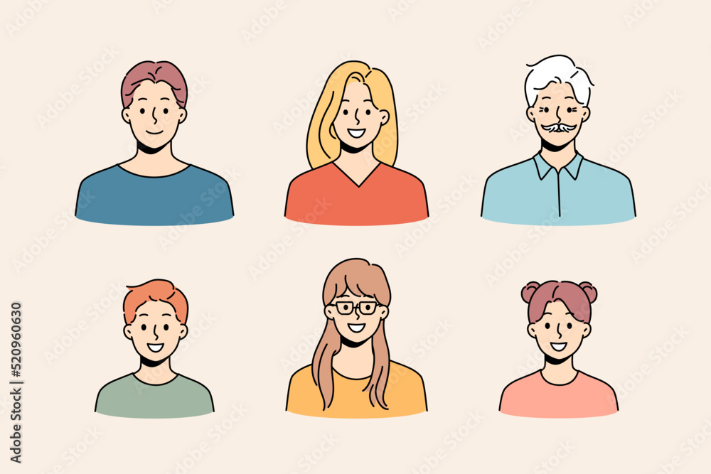 Avatars of diverse people set. Collection of younger and older person faces. Diversity and equality. Vector illustration. Avatars of diverse people set. Collection of younger and older person faces. Diversity and equality. Vector illustration.
