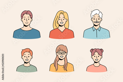 Avatars of diverse people set. Collection of younger and older person faces. Diversity and equality. Vector illustration. 