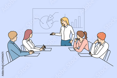 Businesswoman make presentation for colleagues in office meeting. Successful woman leader present financial project for employee. Teamwork and leadership. Vector illustration. 