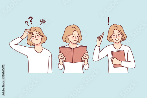 Confused woman have question head, read book and get answer. Smart girl looking for solution in book. Knowledge and education. Vector illustration. 