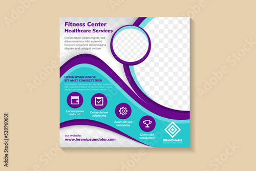 fitness center for healthcare solutions square banner design template. Modern banner with blue wave frame and place for the photo. Suitable for social media post, banners, signs, flyers, and websites.
