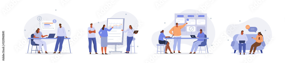 
Business people illustration set. Characters working at home office and coworking space. People talking with colleagues, planning business schedule and work tasks. Vector illustration.