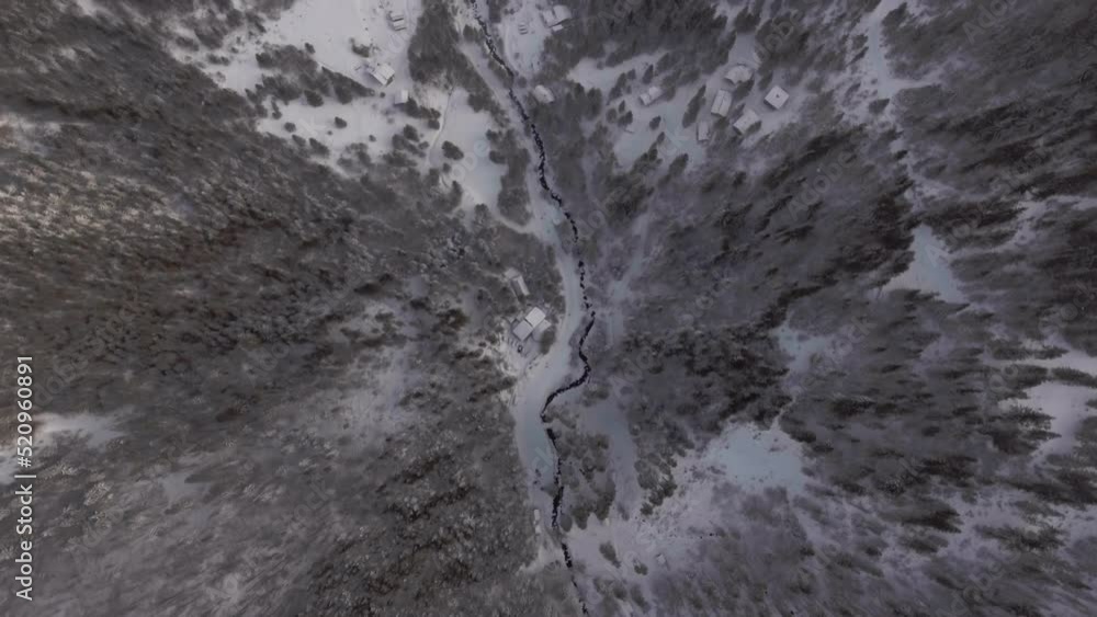 Top view of forest cabins covered in snow and a river in the middle Top view of forest cabins covered in snow and a river in the middle