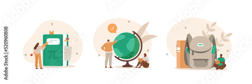 Back to school illustration set. Characters preparing to start a new academic year. Students studying lessons, reading books and organizing school backpack.  Education concept. Vector illustration.