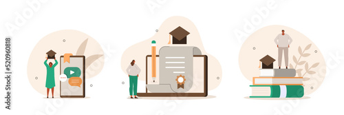 Education illustration set. Characters celebrating successfully ended educational course, seminar or tutorial and holding academic hat and diploma certificate. Graduation concept. Vector illustration.