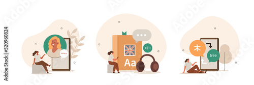 
Characters learning English language illustration set. Student studying with smartphone, books and practicing reading, listening and speaking in English. Online education concept. Vector illustration