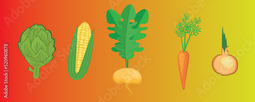 Simple and attractive products healthy food vegetables flat vector illustration autumn background for the design of an autumn composition of posters, postcards, stickers, decor, school decor, 