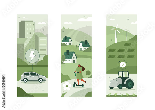 
Sustainability illustration set. Electric car in modern city center, character driving e-scooter and smart eco farm with windmills and solar panels. Sustainable future concept. Vector illustration.