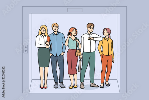 Businesspeople sanding in elevator together. Employees or colleagues team waiting in lift in office. Teamwork. Vector illustration. 
