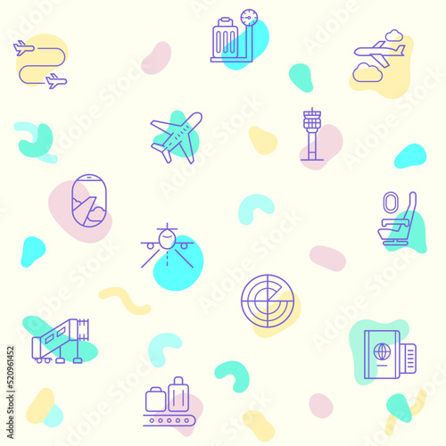 Abstract Vector pattern on the theme of airport, flight, runway, tower, landing, travel, baggage, arrival, tourism and more. simple color icons on beige background.