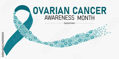 Ovarian Cancer ribbon. Horizontal illustration of ribbon with flowers photo