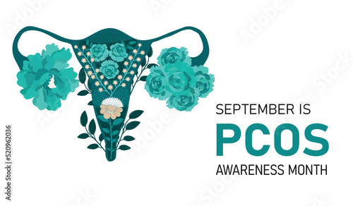 Polycystic ovary syndrome month banner. Horizontal illustration with uterus.
