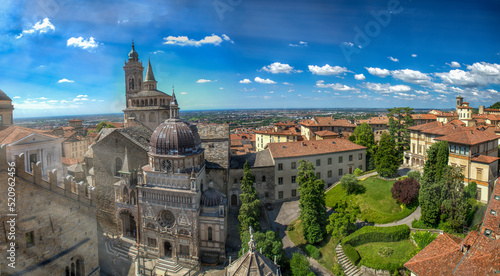 Panoramic aerial view of Bergamo Alta from city bell tower on a summer day, Italy