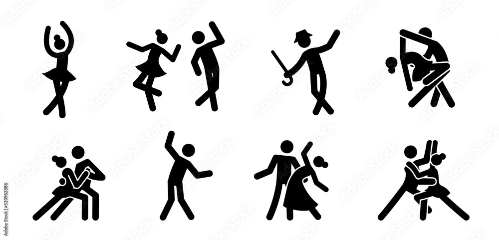 ..Pictogram dancer stick figure icon set. Black pictogram party dancing people, tango couple, ballet woman. Vector illustration.