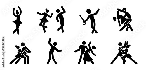 ..Pictogram dancer stick figure icon set. Black pictogram party dancing people, tango couple, ballet woman. Vector illustration.