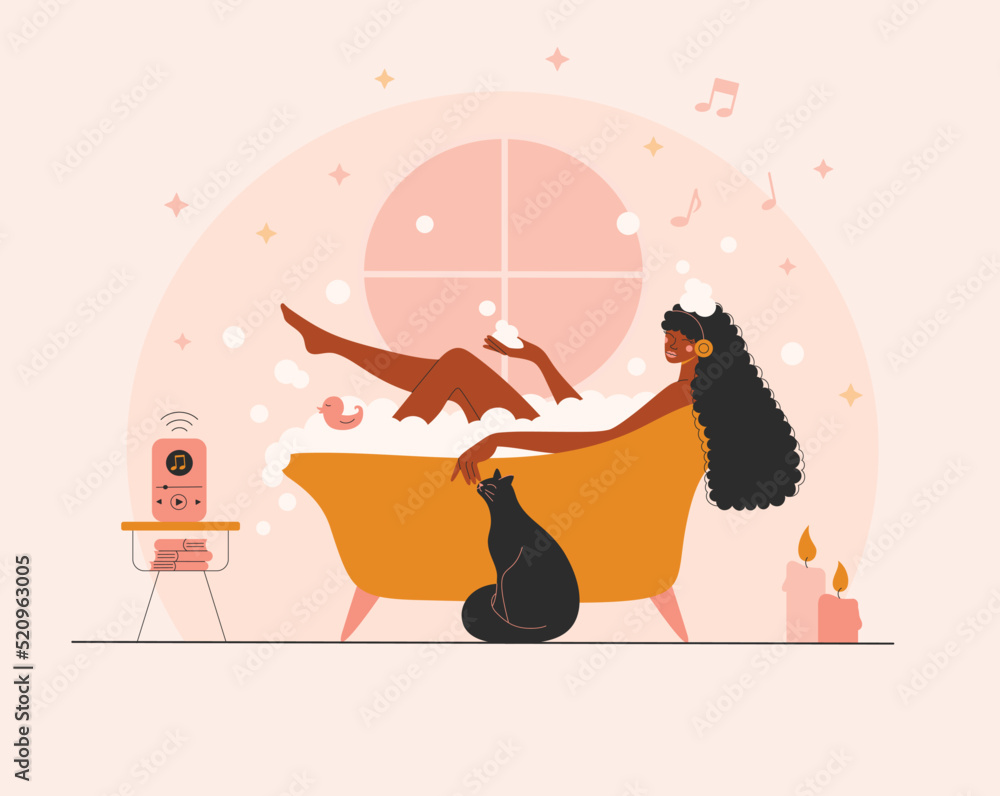 Beautiful young afro woman taking a relax bath in a wireless headphones