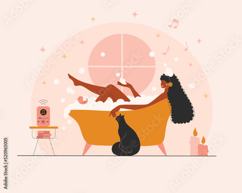 Beautiful young afro woman taking a relax bath in a wireless headphones listening to a music. African Girl listen to a podcast. Flat vector illustration. 