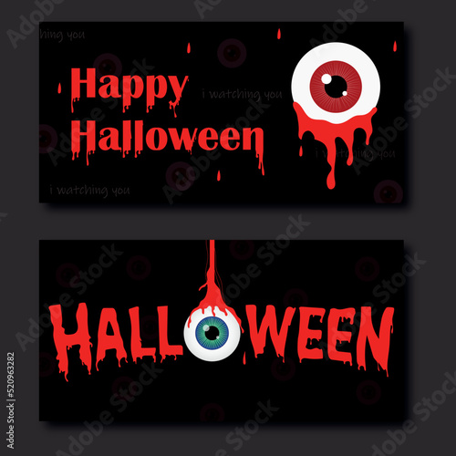 Hand drawn halloween banners with bloody eyes. Dark horizontal banners. Vector illustration.