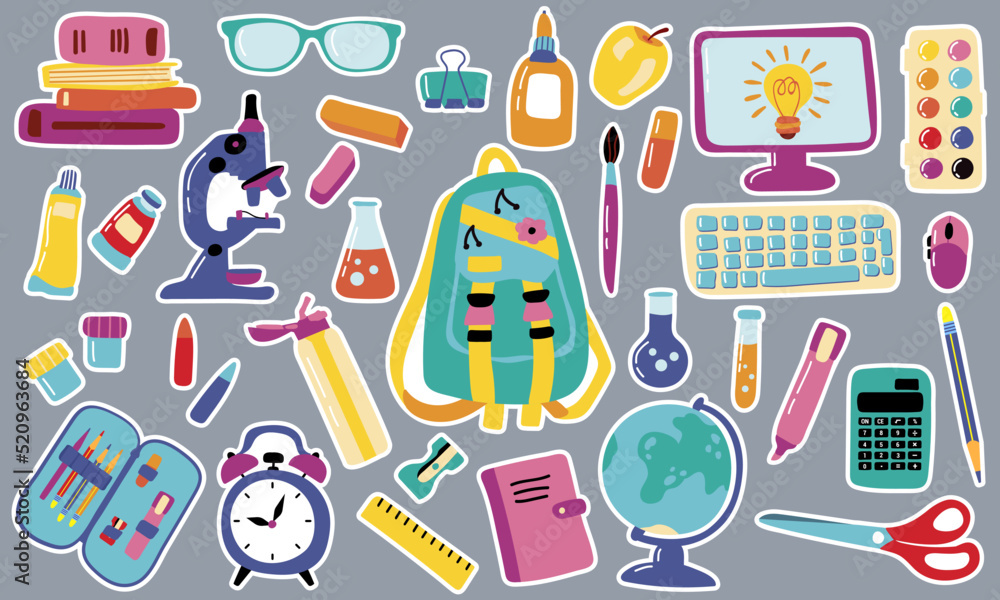 Back to school sticker set. Stationery stickers. Vector illustration.
Back to school sticker set. Stationery stickers. Vector illustration.
