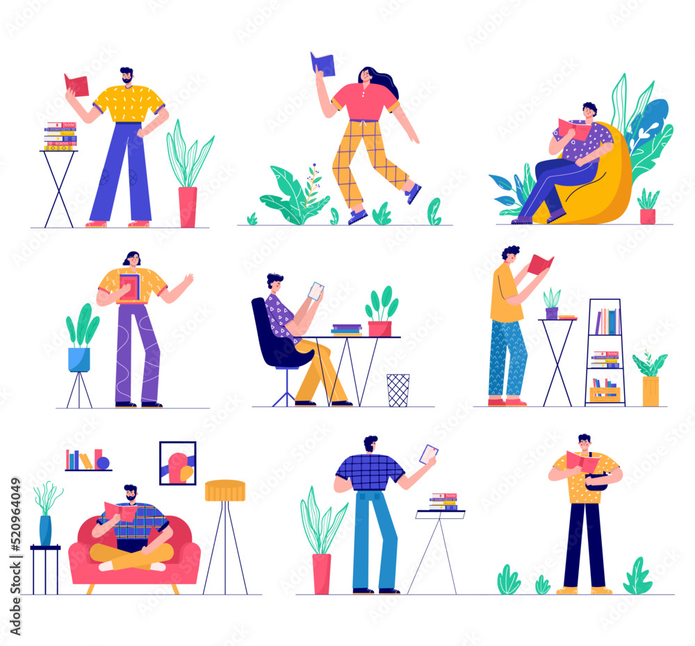 Modern people reading book, learning. Set of characters enjoying their hobbies, leisure. Vector illustration in flat cartoon style.