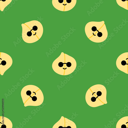 Cute cartoon style chickpeas, chick pea seeds characters wearing sunglasses vector seamless pattern background.
