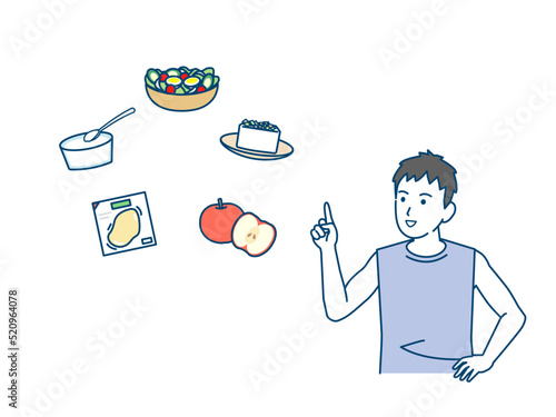 糖質制限ダイエット　低炭水化物ダイエット　健康的な食事を考える　若い男性　イラスト