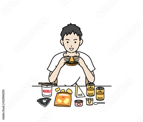 不健康な食事をとる　若い男性　暴飲暴食　過食症　ドカ食い　イラスト