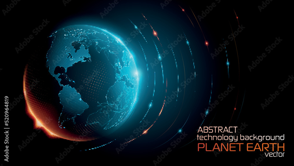 Blue abstract futuristic background. Tech vector. Sunrise. Satellites and rockets in orbit of planet Earth. Plasma clot of energy. Glowing rays with flickering particles. Science and technology. - obrazy, fototapety, plakaty 