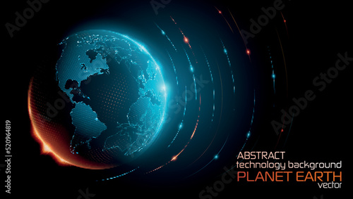 Blue abstract futuristic background. Tech vector. Sunrise. Satellites and rockets in orbit of planet Earth. Plasma clot of energy. Glowing rays with flickering particles. Science and technology.