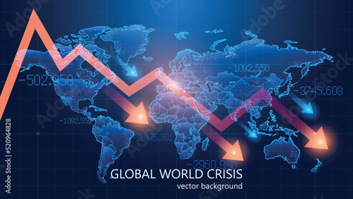 Dark blue abstract vector background. World economic crisis. Schematic map of the planet Earth. Stock market trading infographics. Oil product prices. Forex charts with candles. 