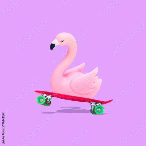 Collage art of plastic pink flamingo with red skateboard on purple background.  Creative concept of fun vibe. photo