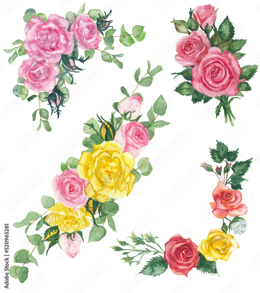 Watercolor roses flowers floral border frame paint illustration with clipping parts isolated on white background.