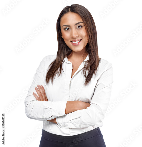 Studio portrait of smiling young woman in shirt looking at camera isolated on white background.